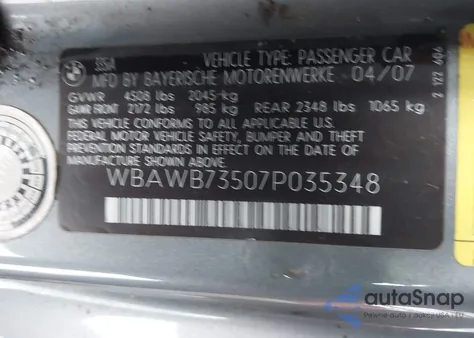 2007 BMW 335I from USA, damaged, VIN WBAWB73507P035348